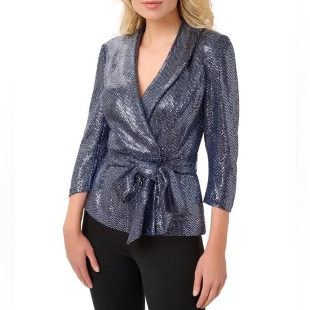 Adrianna Papell Women's Indigo Blue Metallic Wrap Top Size 4 Tie 3/4 Sleeve $139
